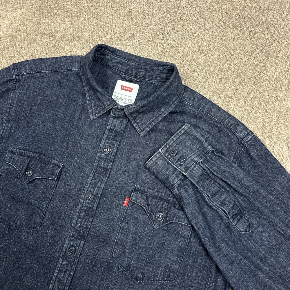 Levis Long Sleeve Denim Work Shirt Mens Large Slim Dark Wash Stretch Button Up